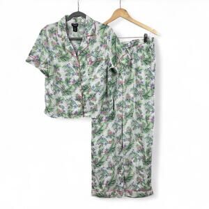 Cynthia Rowley Satin Pajama Set Size M 2pc Top Pants Tropical Print Sleepwear